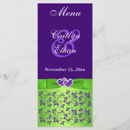 Púrpura, floral verde, tarjeta de menú Hearts