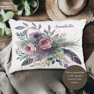 Púrpura Floral y plumas Acento de almohada