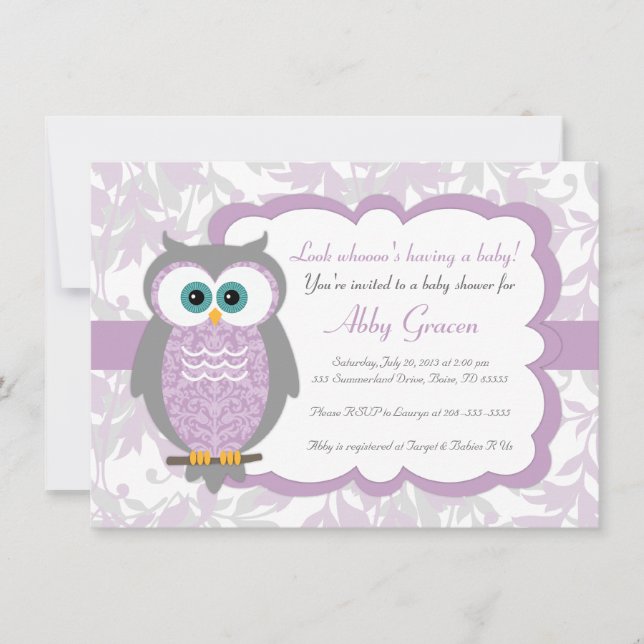 Púrpura, gris, invitaciones de Baby Shower del (Anverso)