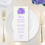 Púrpura Hydrangea Bouquet Watercolor Flor Menús<br><div class="desc">Estas tarjetas de menú boda cuentan con flores de hidrangea violeta. Puede cambiar los estilos y colores del texto haciendo clic en el botón "Personalizar". Productos a juego disponibles.</div>