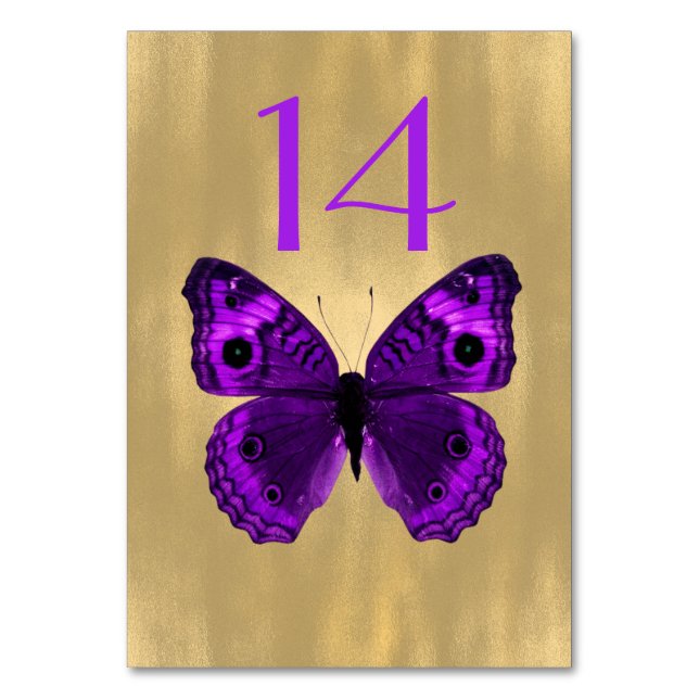 Púrpura mariposa en Boda de oro Tarjeta de número  (Anverso)