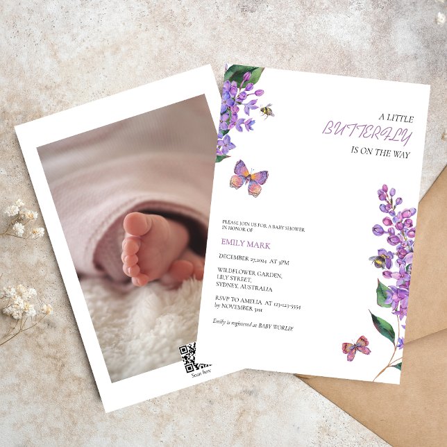 Púrpura mariposa floral invitación a la ducha de b (Subido por el creador)