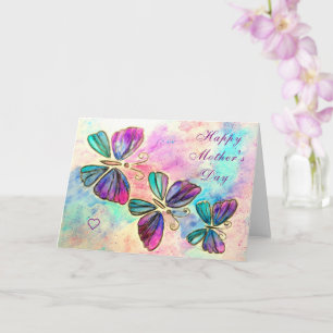 Púrpura mariposas rosadas tarjeta del día de la ma