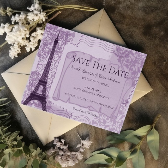 Púrpura parisino Salva El Anuncio De Fecha (Purple Parisian Save the Date)