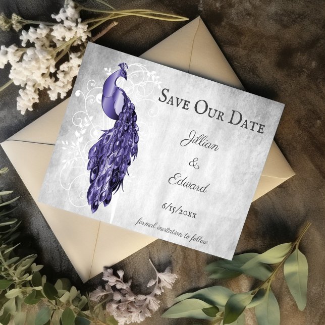 Púrpura Peacock Salva El Anuncio De Fecha (Purple Peacock Save the Date)