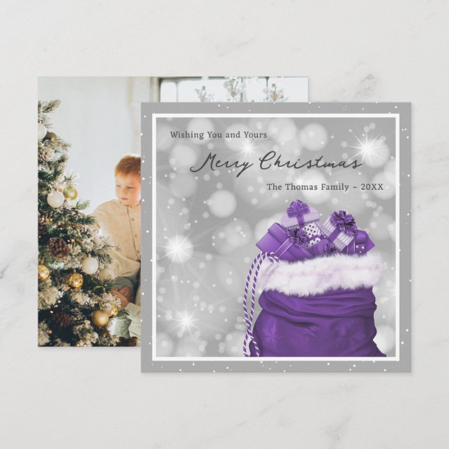 Púrpura Plata Foto Moderna Tarjeta navideña Merry (Anverso / Reverso)