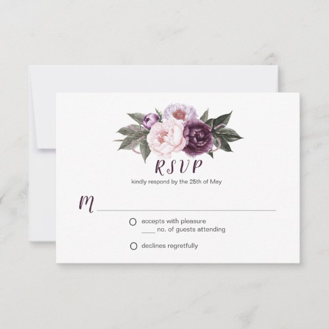Púrpura Plum Rosa Peonies Bouquet Greenery RSVP #3 (Anverso)