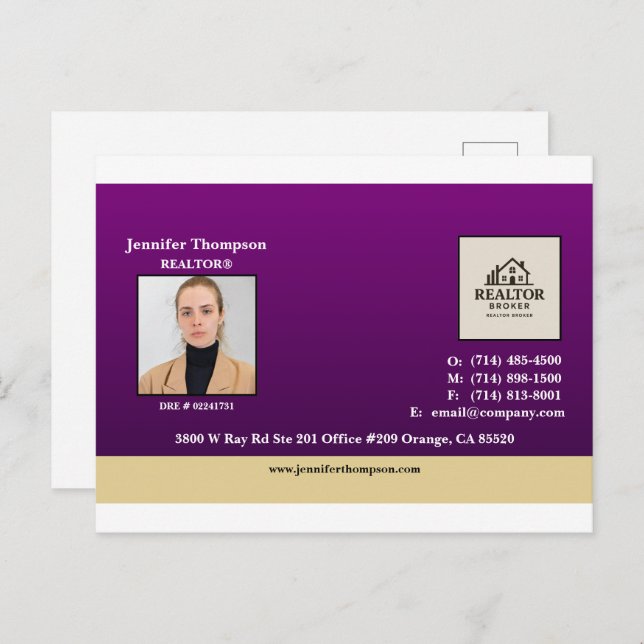 Púrpura real con postal de acento dorado (Anverso / Reverso)