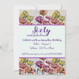 Púrpura Rojo Floral 60 cumpleaños invitación