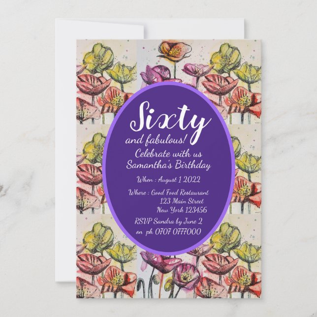 Púrpura Rojo Floral 60 cumpleaños invitación (Anverso)