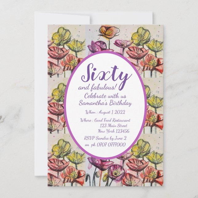 Púrpura Rojo Floral 60 cumpleaños invitación (Anverso)