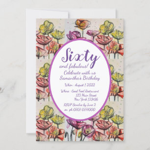 Púrpura Rojo Floral 60 cumpleaños invitación