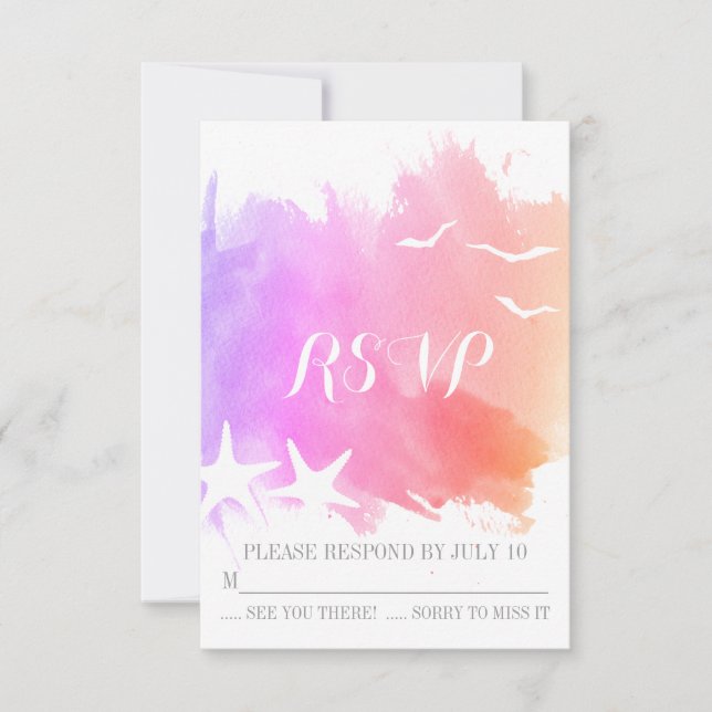 Púrpura rosa acuarela estelar boda de playa RSVP (Anverso)