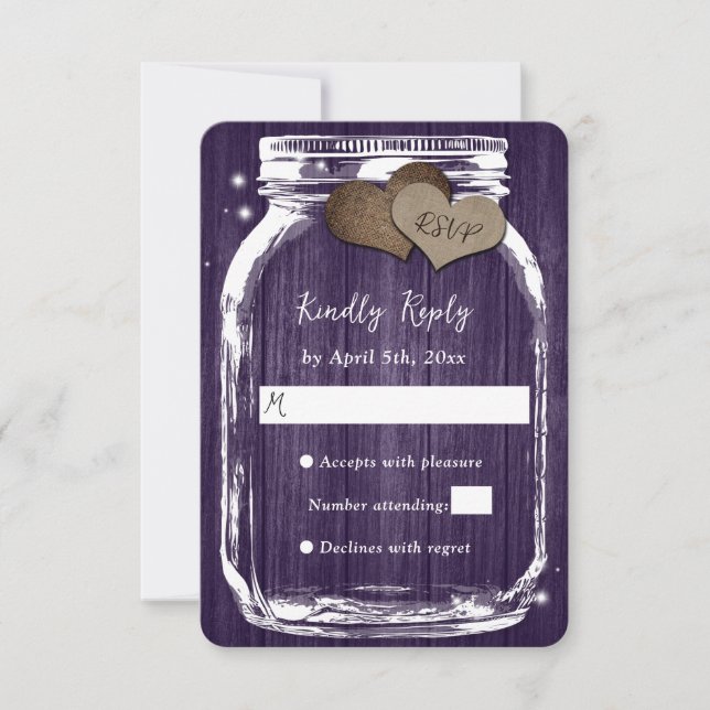 Púrpura Rustic Wood Hearts Mason Jar Wedding RSVP (Anverso)