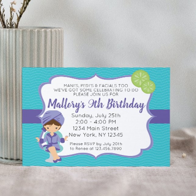 Púrpura Spa Invitación al cumpleaños, morena (Subido por el creador)