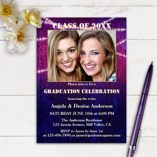 Púrpura String Lights Photo Graduation Invitación