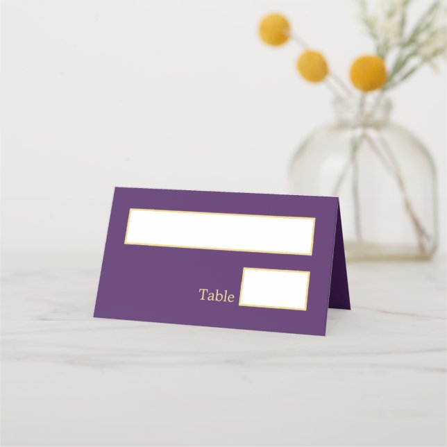 Púrpura tarjeta de lugar plegado Boda beige dorado (Anverso)