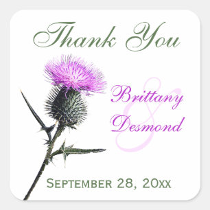 Púrpura, verde, cardo blanco Pegatina Boda de 1,5"