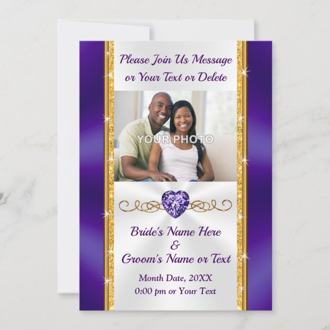 Púrpura y dorada, invitaciones de boda con imagen (Anverso)