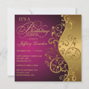 Púrpura y oro Cualquier cumpleaños Invitación a fi