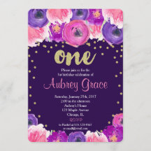 púrpura y primera invitación del cumpleaños del