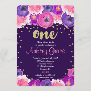 púrpura y primera invitación del cumpleaños del