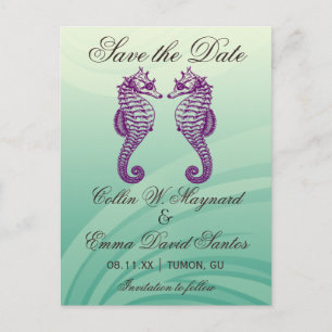 Púrpura y verde caballito de mar salva la postal d