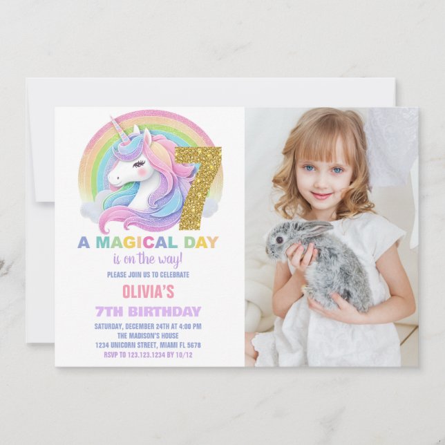 Purpurina arcoiris Unicornio invitaciones a cumple (Anverso)