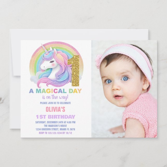 Purpurina arcoiris Unicornio invitaciones a cumple (Anverso)