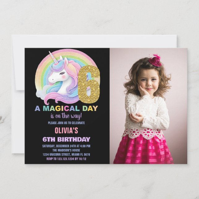 Purpurina arcoiris Unicornio invitaciones a cumple (Anverso)