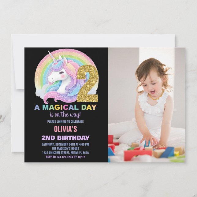 Purpurina arcoiris Unicornio invitaciones a cumple (Anverso)