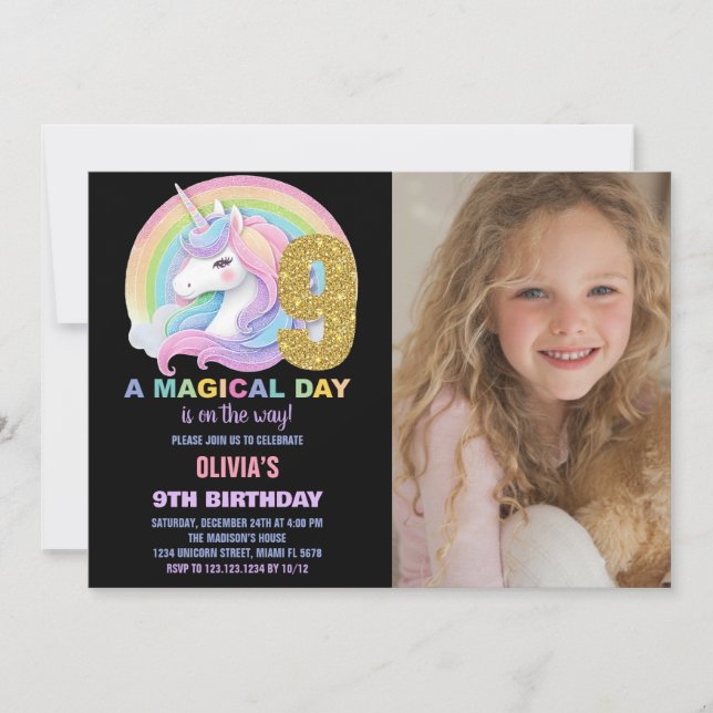 Purpurina arcoiris Unicornio invitaciones a cumple (Anverso)