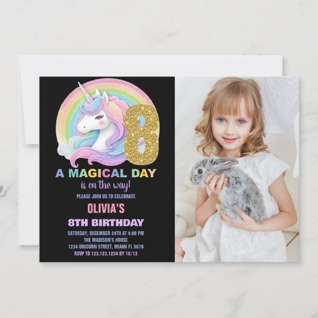 Purpurina arcoiris Unicornio invitaciones a cumple (Anverso)