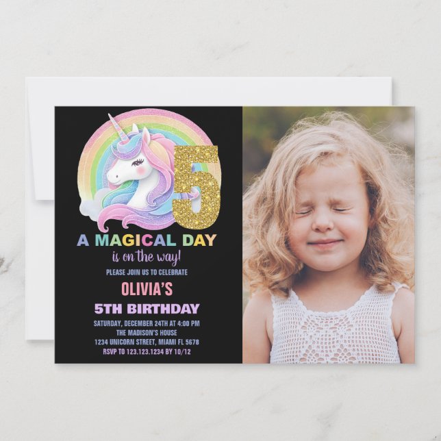 Purpurina arcoiris Unicornio invitaciones a cumple (Anverso)