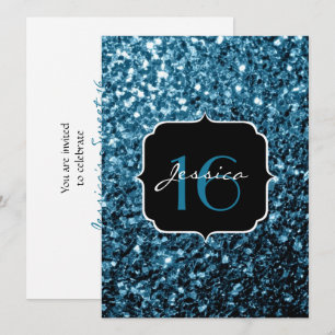 Purpurina azul bebe chispa Dulce 16 Invitación