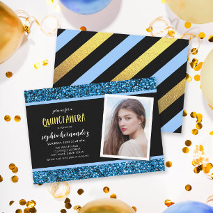Purpurina Azul Foto Invitación Quinceanera