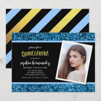 Purpurina Azul Foto Invitación Quinceanera