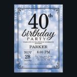 Purpurina Azul invitación a cumplir 40 años<br><div class="desc">Invitación de cumpleaños 40 con luces de cadena azul con fondo Purpurina azul. Cumpleaños Azul. Cumpleaños de adultos. Invitar el cumpleaños de hombres o mujeres. 13. 15. 16. 18. 20. 21. 30. 40. 50. 60. 70. 80. 90. 100. Cualquier edad. Para más personalización, haga clic en el botón "Personalizar" y...</div>