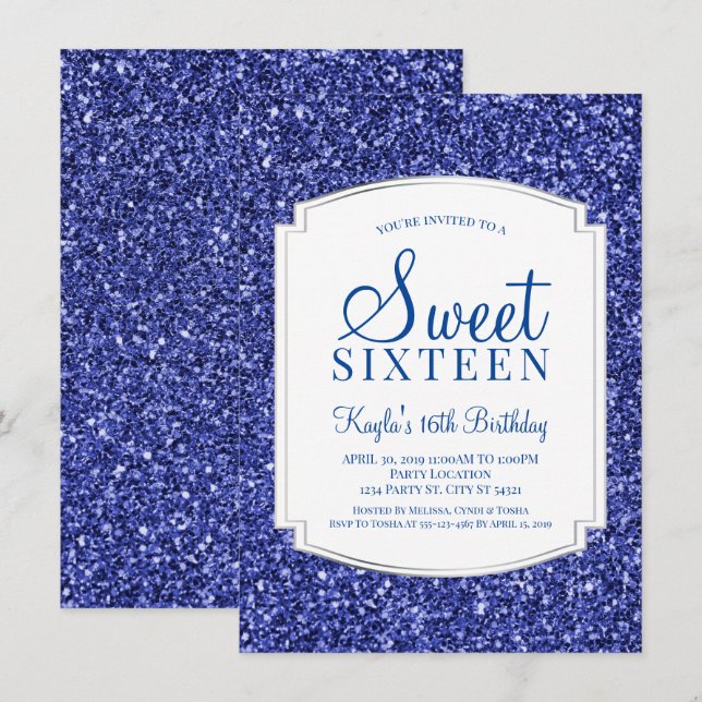 Purpurina Azul Real Dulce 16 Invitaciones (Anverso / Reverso)