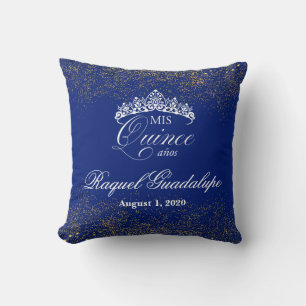 Purpurina azul y oro real Mi XV almohada de 16"