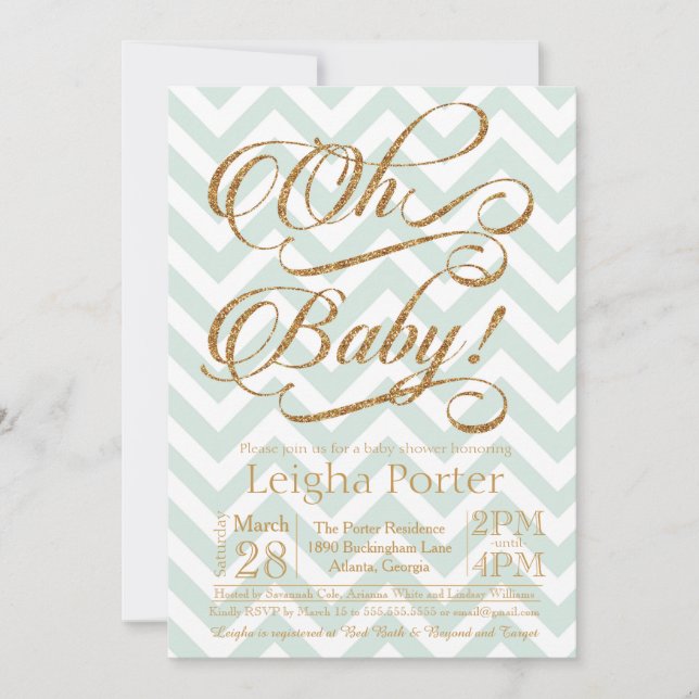 Purpurina Baby Shower Invitación Gold Mint Chevron (Anverso)