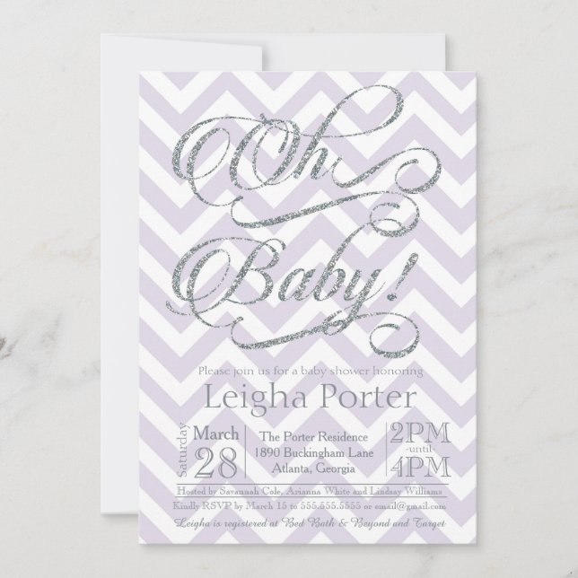 Purpurina Baby Shower Invitación Plata Lílago púrp (Anverso)