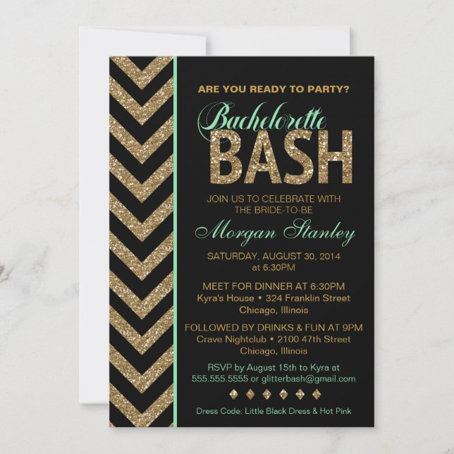 Purpurina Bachelorette Bash Party Invitación MINT (Anverso)