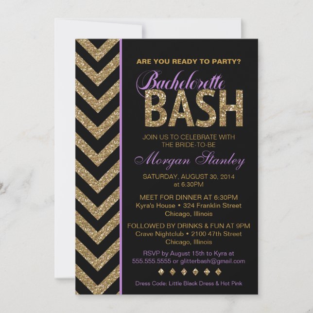 Purpurina Bachelorette Bash Party Invitación PURPL (Anverso)