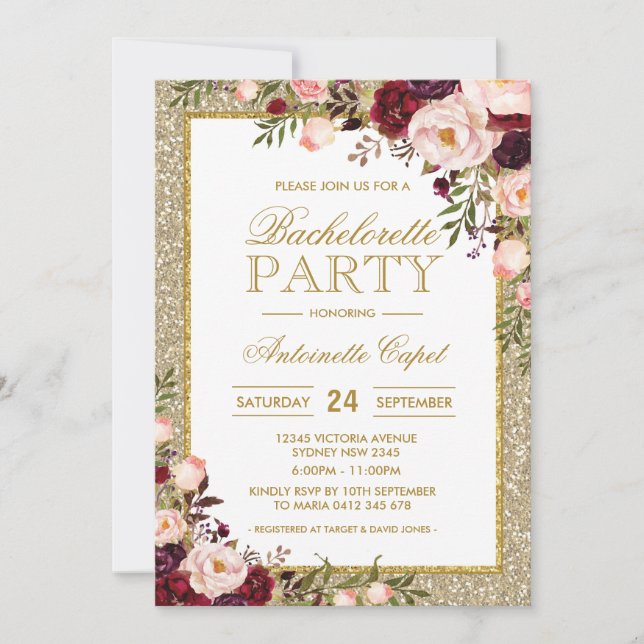 Purpurina Bachelorette Borgoña Invitación floral (Anverso)