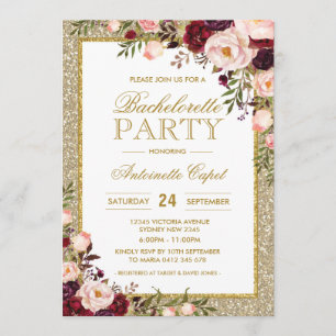 Purpurina Bachelorette Borgoña Invitación floral