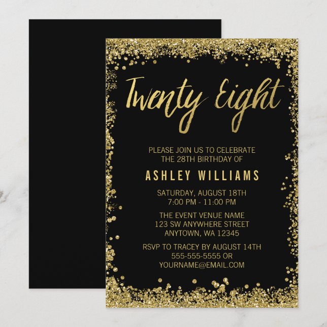 Purpurina Black Gold Faux invitaciones para el cum (Anverso / Reverso)