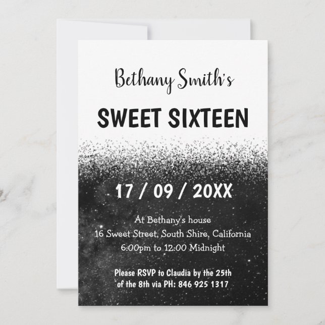 Purpurina blanco y negro Ombre Sweet 16 Invitación (Anverso)