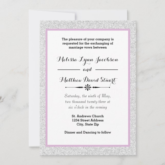 Purpurina blanco y violeta - Invitación a la boda (Anverso)