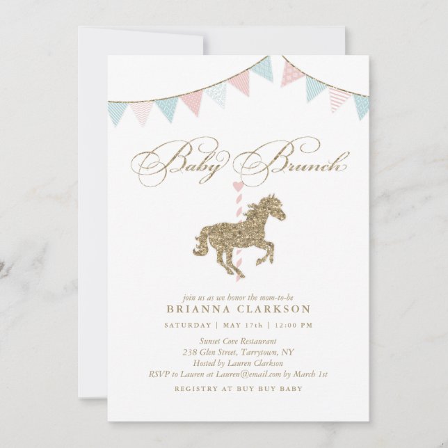 Purpurina Carousel Horse | Invitación de Baby Show (Anverso)